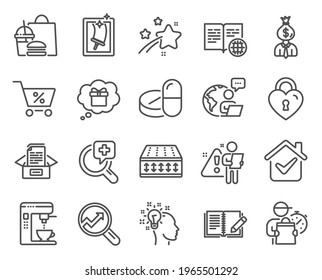 Business Icons Set. Included Icon As Love Lock, Window Cleaning, Manager Signs. Flexible Mattress, Medical Drugs, Feedback Symbols. Documents Box, Gift Dream, Analytics. Idea, Coffee Maker. Vector