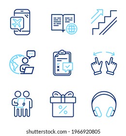 Jeu d'icônes professionnelles. Icône incluse comme offre de réduction, casques, panneaux de relevé. Mode de vol, Liste de contrôle, symboles du livre sur Internet. Escaliers, déplacer les icônes de ligne de mouvement. Icônes de ligne définies. Image vectorielle