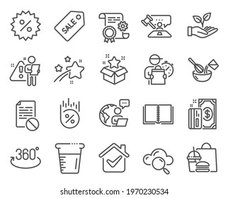 Business icons set. Included icon as Cloud computing, Cooking whisk, Payment signs. Cooking beaker, Discount, Loyalty program symbols. Wrong file, Full rotation, Helping hand. Sale ticket. Vector