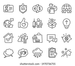 Business icons set. Included icon as Speech bubble, Post package, Cloud storage signs. Piggy sale, Ph neutral, Like hand symbols. Patient history, Comment, Medical vaccination. Swipe up. Vector