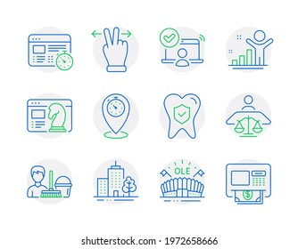 Business Icons Set. Included Icon As Court Judge, Dental Insurance, Skyscraper Buildings Signs. Timer, Sports Arena, Cleaning Service Symbols. Winner, Online Access, Web Timer. Atm. Vector