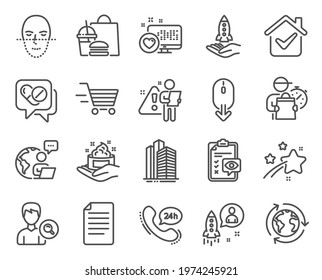 Business icons set. Included icon as Skin care, Heart, Startup signs. Face recognition, Outsourcing, Delivery shopping symbols. 24h service, Medical drugs, Search people. File, Scroll down. Vector