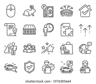 Business icons set. Included icon as Sports arena, Search car, Teamwork signs. Approved agreement, Mattress, Woman read symbols. Animal tested, Strategy, Confirmed. Parking payment. Vector