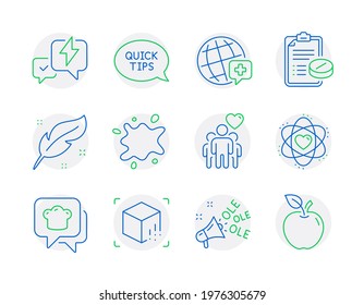 Business icons set. Included icon as Lightning bolt, World medicine, Augmented reality signs. Medical prescription, Feather, Atom symbols. Quickstart guide, Cooking hat, Ole chant. Apple. Vector