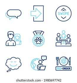 Business icons set. Included icon as Pre-order food, Business podium, Dog competition signs. Speech bubble, Messenger, Couple symbols. Login, Swipe up line icons. Line icons set. Vector