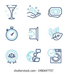 Business icons set. Included icon as Justice scales, Cocktail, Skin care signs. Exit, Loyalty points, Washing machine symbols. Timer, Organic tested line icons. Judgement medal, Martini. Vector