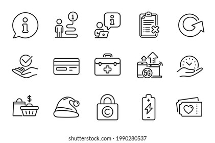 Business icons set. Included icon as Love tickets, Santa hat, Copyright locker signs. Sale bags, 5g internet, Approved symbols. Battery charging, First aid, Reject checklist. Safe time. Vector