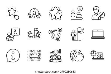 Business icons set. Included icon as Apple, Online test, Ranking star signs. Teamwork results, Notebook, Star symbols. Video conference, Business targeting, Arena. Leadership, Edit person. Vector