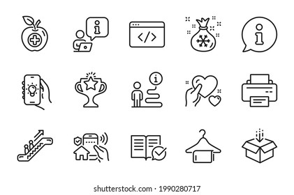 Business icons set. Included icon as Santa sack, Electric app, Escalator signs. Victory, Printer, House security symbols. Clean towel, Medical food, Seo script. Approved documentation. Vector