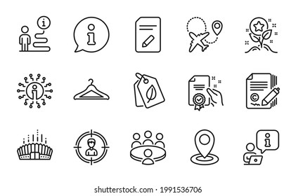 Business icons set. Included icon as Info, Headhunting, Loyalty points signs. Bio tags, Cloakroom, Arena stadium symbols. Location, Copywriting, Airplane. Certificate, Meeting line icons. Vector