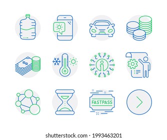 Business icons set. Included icon as Tips, Integrity, Time signs. Info, Car, Weather phone symbols. Settings blueprint, Thermometer, Cooler bottle. Savings, Fastpass, Forward line icons. Vector