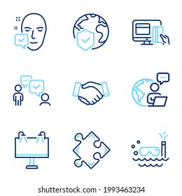 Business icons set. Included icon as Online payment, Road banner, World insurance signs. Consulting business, Strategy, Face accepted symbols. Scuba diving, Employees handshake line icons. Vector