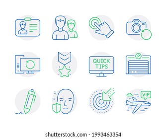 Business icons set. Included icon as Touchscreen gesture, Signature, Identification card signs. Web tutorials, Recovery computer, Targeting symbols. Couple, Recovery photo, Winner medal. Vector