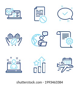 Business icons set. Included icon as Select flight, Technical documentation, Online survey signs. Approved, Ranking stars, Wrong file symbols. Coffee, Best manager line icons. Line icons set. Vector