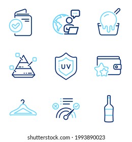 Business icons set. Included icon as Ice cream, Uv protection, Verification document signs. Pyramid chart, Cloakroom, Wine symbols. Correct answer, Loyalty program line icons. Line icons set. Vector