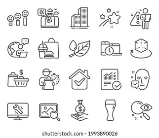 Business icons set. Included icon as Monitor repair, Customer satisfaction, Sale bags signs. Augmented reality, Leaf dew, Time management symbols. Face accepted, Skyscraper buildings. Vector