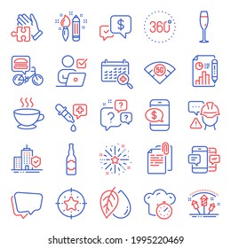 Business icons set. Included icon as Fireworks explosion, Food delivery, Cooking timer signs. Chemistry pipette, Medical calendar, Creativity symbols. 360 degrees, Apartment insurance. Vector