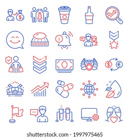 Business Icons Set. Included Icon As People Talking, Person Talk, Takeaway Coffee Signs. Information Bell, Chemistry Beaker, Smile Face Symbols. Mattress, Currency Exchange, Analytics. Vector