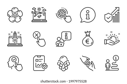 Business Icons Set. Included Icon As Natural Linen, Ice Cream, Money Bag Signs. Start Business, Sunny Weather, Select User Symbols. Security Statistics, Airplane Travel, Report Checklist. Vector