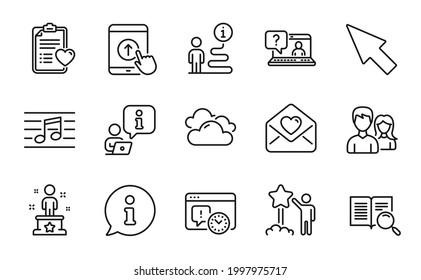 Business icons set. Included icon as Success, Swipe up, Search text signs. Love letter, Musical note, Cloudy weather symbols. Star, Mouse cursor, Couple. Project deadline, Patient history. Vector