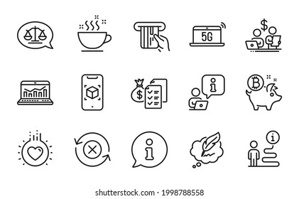 Business icons set. Included icon as Augmented reality, Coffee cup, Justice scales signs. Credit card, Web analytics, 5g notebook symbols. Copyright chat, Bitcoin coin, Budget accounting. Vector