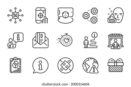 Business icons set. Included icon as No puzzle, Credit card, Report signs. Augmented reality, 5g technology, Internet warning symbols. Face cream, Market buyer, Gears. Gift, Seo phone. Vector