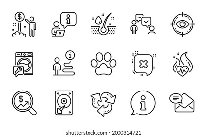 Business icons set. Included icon as Currency audit, Hdd, Income money signs. Serum oil, Eye target, Dog paw symbols. Cardio training, Reject, Washing machine. Recycle, New mail. Vector