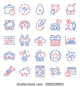 Business icons set. Included icon as Washing machine, Boiling pan, Oil serum signs. File storage, Love champagne, Search people symbols. Income money, Fitness calendar, Escalator. Bus. Vector