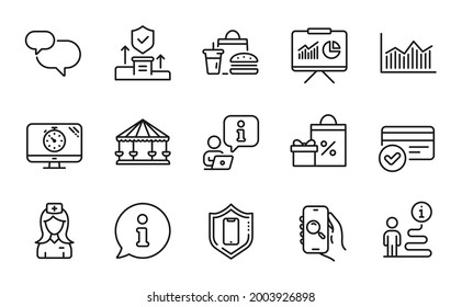 Business icons set. Included icon as Money diagram, Seo timer, Chat message signs. Hospital nurse, Search app, Payment methods symbols. Presentation, Security agency, Fast food. Carousels. Vector