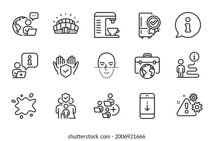 Business Icons Set. Included Icon As Certified Refrigerator, Warning, Family Insurance Signs. Add Team, Scroll Down, Sports Stadium Symbols. Dirty Spot, Outsource Work, Insurance Hand. Vector