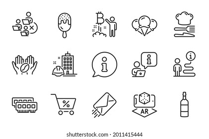 Business icons set. Included icon as Food, E-mail, Augmented reality signs. Construction building, Remove team, Ice creams symbols. Brandy bottle, Coffee, Ram. Special offer, Ice cream. Vector