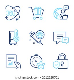 Business icons set. Included icon as Refrigerator, Shopping cart, Document signs. Full rotation, Comment, Vip timer symbols. Dog vaccination, Security lock line icons. Line icons set. Vector