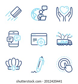 Business icons set. Included icon as Credit card, Hold heart, Crown signs. Truck delivery, Click hand, Signature symbols. Phone messages, Seo targeting line icons. Bank payment, Friendship. Vector