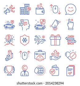 Business icons set. Included icon as Medical pills, Construction toolbox, Airplane travel signs. Loan house, Wallet money, Smile chat symbols. Swipe up, Touchscreen gesture, Winner. Vector