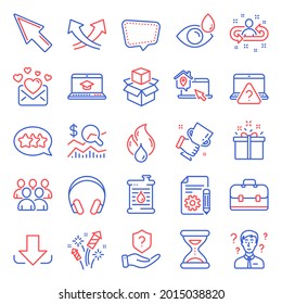 Business icons set. Included icon as Time, Headphones, Protection shield signs. Winner cup, Stars, Chat message symbols. Documentation, Website education, Check investment. Love mail. Vector