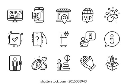 Business icons set. Included icon as Startup, Ask question, Refrigerator signs. Vip internet, Elevator, Clapping hands symbols. Flight mode, Marriage rings, Clean bubbles. Market location. Vector