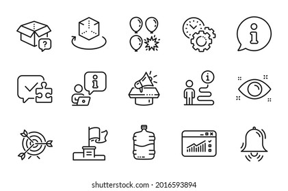 Business icons set. Included icon as Web traffic, Health eye, Augmented reality signs. Target, Clock bell, Megaphone symbols. Balloon dart, Secret package, Winner flag. Time management. Vector