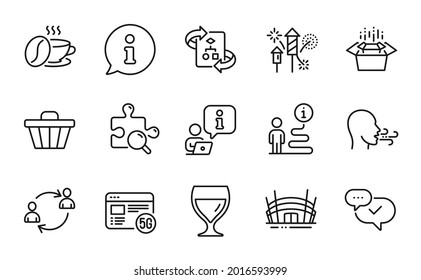 Business icons set. Included icon as 5g internet, Coffee cup, Approved signs. Technical algorithm, Wine glass, Breathing exercise symbols. User communication, Arena stadium, Shop cart. Vector