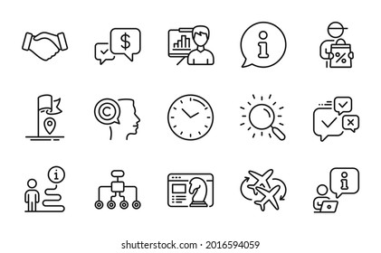 Business Icons Set. Included Icon As Restructuring, Delivery Discount, Connecting Flight Signs. Presentation Board, Search, Writer Symbols. Time, Flag, Payment Received. Online Voting. Vector