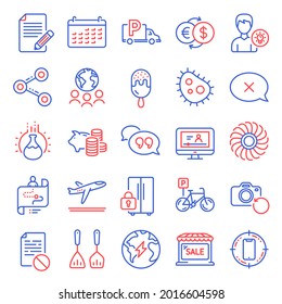 Business icons set. Included icon as Global business, Bacteria, Chemistry experiment signs. Electricity, Money exchange, Ice cream symbols. Bicycle parking, Truck parking, Journey path. Vector