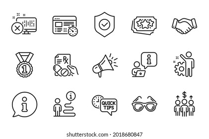 Business Icons Set. Included Icon As Prescription Drugs, Loyalty Points, Best Rank Signs. Megaphone, Security Shield, Employees Handshake Symbols. Quick Tips, Meeting, Sunglasses. Employee. Vector