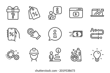 Business icons set. Included icon as Journey path, Light bulb, Money transfer signs. Foreman, Touchscreen gesture, Discount tags symbols. Gears, Discounts app, Video content. Pet shampoo. Vector