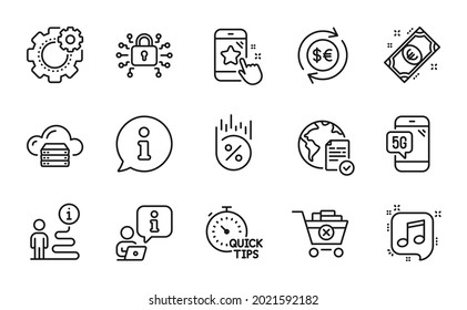 Business icons set. Included icon as Euro money, 5g phone, Online voting signs. Cogwheel, Star rating, Cloud server symbols. Money currency, Remove purchase, Security lock. Quick tips. Vector