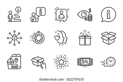 Business icons set. Included icon as Business vision, Developers chat, Seo timer signs. Twinkle star, Open box, Hold box symbols. Image carousel, Special offer, Fast delivery. Heart. Vector