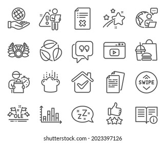 Business icons set. Included icon as Laureate medal, Technical info, Swipe up signs. Safe planet, Quote bubble, Video content symbols. Sleep, Diagram graph, Leaves. Cooking hat, Documents. Vector