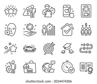 Business icons set. Included icon as Coffee maker, Heart rating, Car signs. Throw hats, Employee hand, Fast verification symbols. Face declined, Meeting, Archery. Diploma, Employee, Star. Vector