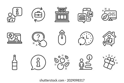 Business Icons Set. Included Icon As Question Button, Medical Help, Gift Signs. Swipe Up, Wine, Shop Symbols. Update Time, Human Resources, Web System. Work Home, Clean Bubbles, Food App. Vector