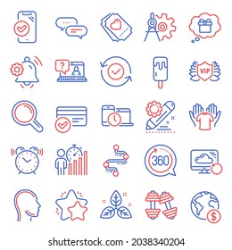 Business icons set. Included icon as Research, Timeline, Ice cream signs. Fair trade, Head, Love ticket symbols. Hold t-shirt, Time management, Gift dream. Security confirmed, Dots message. Vector