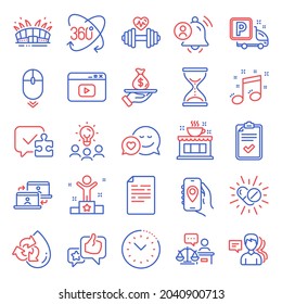 Business icons set. Included icon as Scroll down, Document, Arena stadium signs. Coffee shop, Court judge, Musical note symbols. Outsource work, Video content, Winner. Loan, Time hourglass. Vector