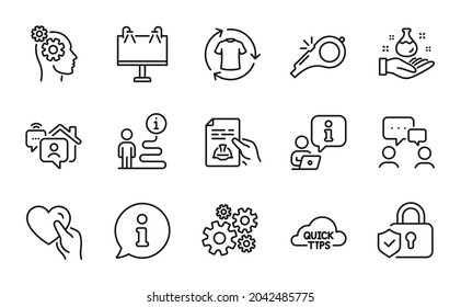 Conjunto de iconos de negocio. Icono incluido como personas charlando, cambiar ropa, carteles de documentación técnica. Cerradura de seguridad, corazón agobiado, símbolos de banner de Road. CogWheel, Silbato, Pensamientos. Consejos rápidos. Vector